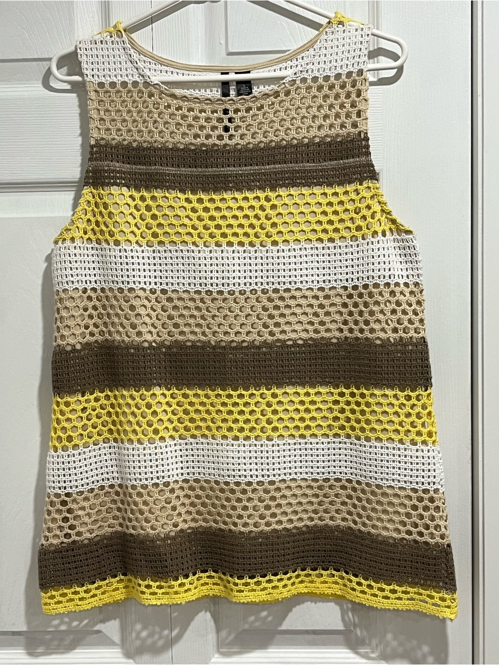 Skye's the Limit Yellow, White & Brown Crochet Stripe Tank
